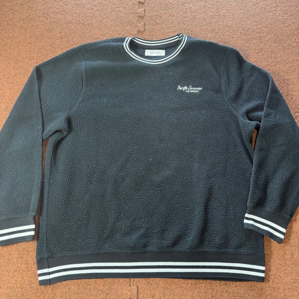 PacSun Mens Sherpa Fleece Sweatshirt Black Varsity Stripe Pullover Large 1444